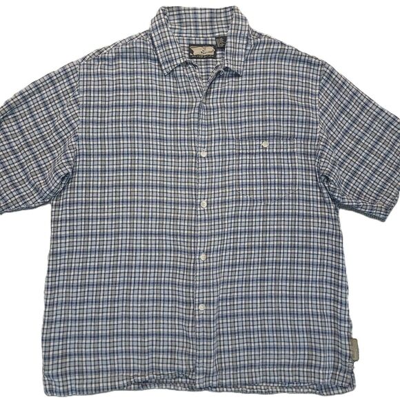 On The Brink Other - On the Brink Men's L Shirt Linen Blend Button Up Short Sleeve Plaid Pocket VTG